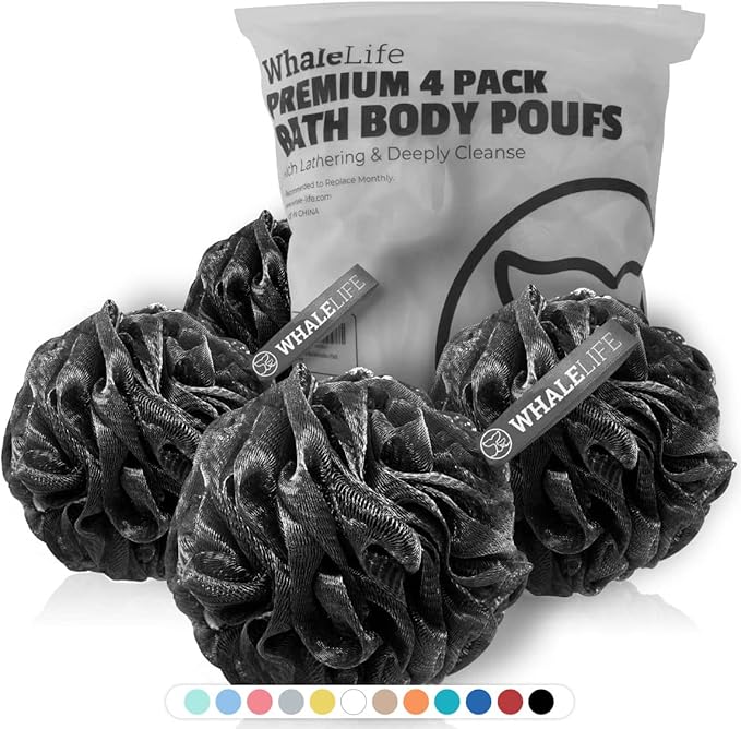 WhaleLife Loofah Bath Sponges - Black Gentle Exfoliating Shower Loofah for Rich Lather, Durable Mesh Body Scrubber for Men & Women 4 Pack