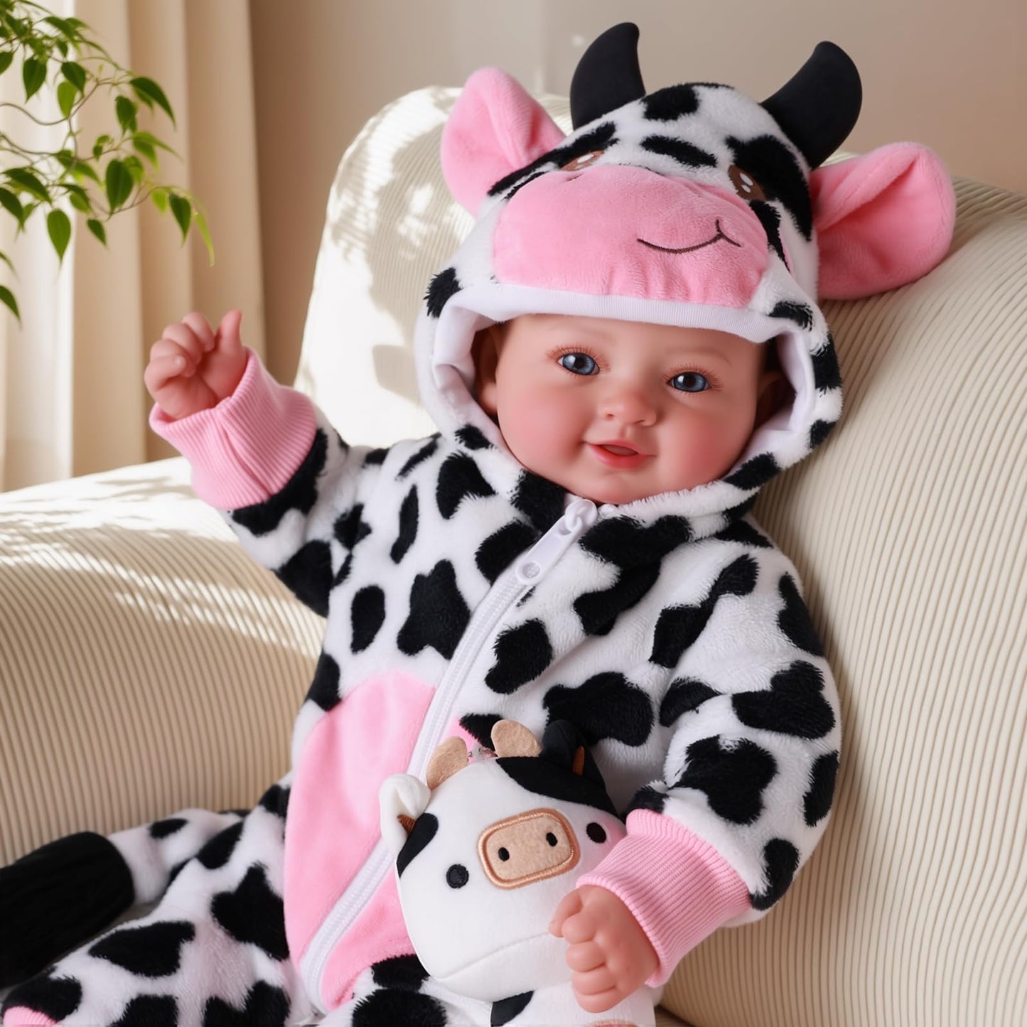 BABESIDE Baby Doll Girl - 17-Inch Soft Body Realistic Baby Doll with Blue Eyes and Cow Outfit Real Life Baby Dolls for 3 4 5 6 7 8 9 Years Girl Birthday Gifts, Pretend Play, Christmas & Collection