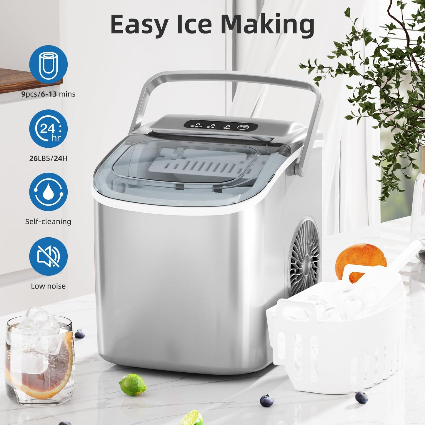 Antarctic Star Ice Maker Countertop, Portable Ice Machine with Carry Handle, 26Lbs Per Day, 9 Cubes Ready in 6 Mins, Self-Cleaning Ice Makers with Ice Scoop and Basket for Kitchen/Office/Party (Grey)