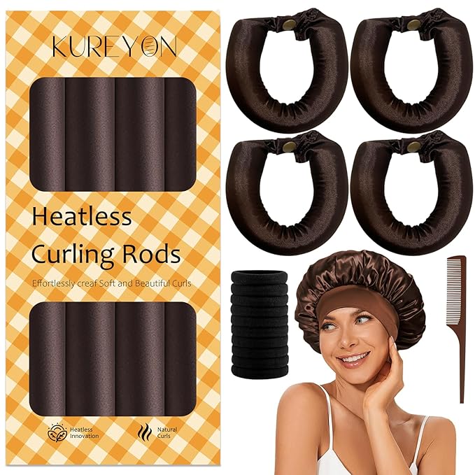 Satin Heatless Hair Curler,4 Piece Set,Overnight Heatless Curls, Not easy to slip Heatless Curling Rod You Can Sleep In, Soft Silk DIY Hair Styling Tools Kit, Silk Bonnet for Sleeping-Brown