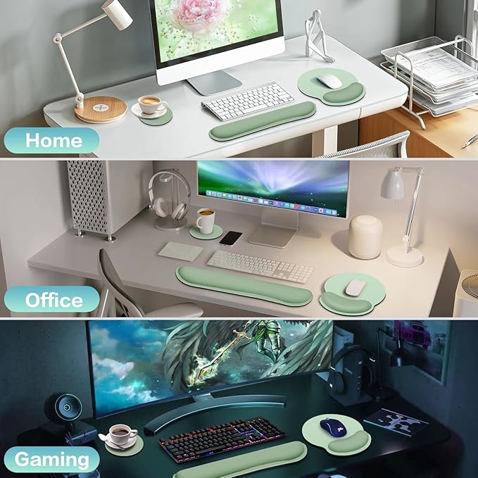 Mouse Pad with Wrist Rest Set, 3-in-1 Wrist Support Mousepad Set, Gaming Mat Pad with Anti-Skid Base,Ergonomic Mouse Pad Green,Memory Foam Gel Wrist Rest for Computer Keyboard