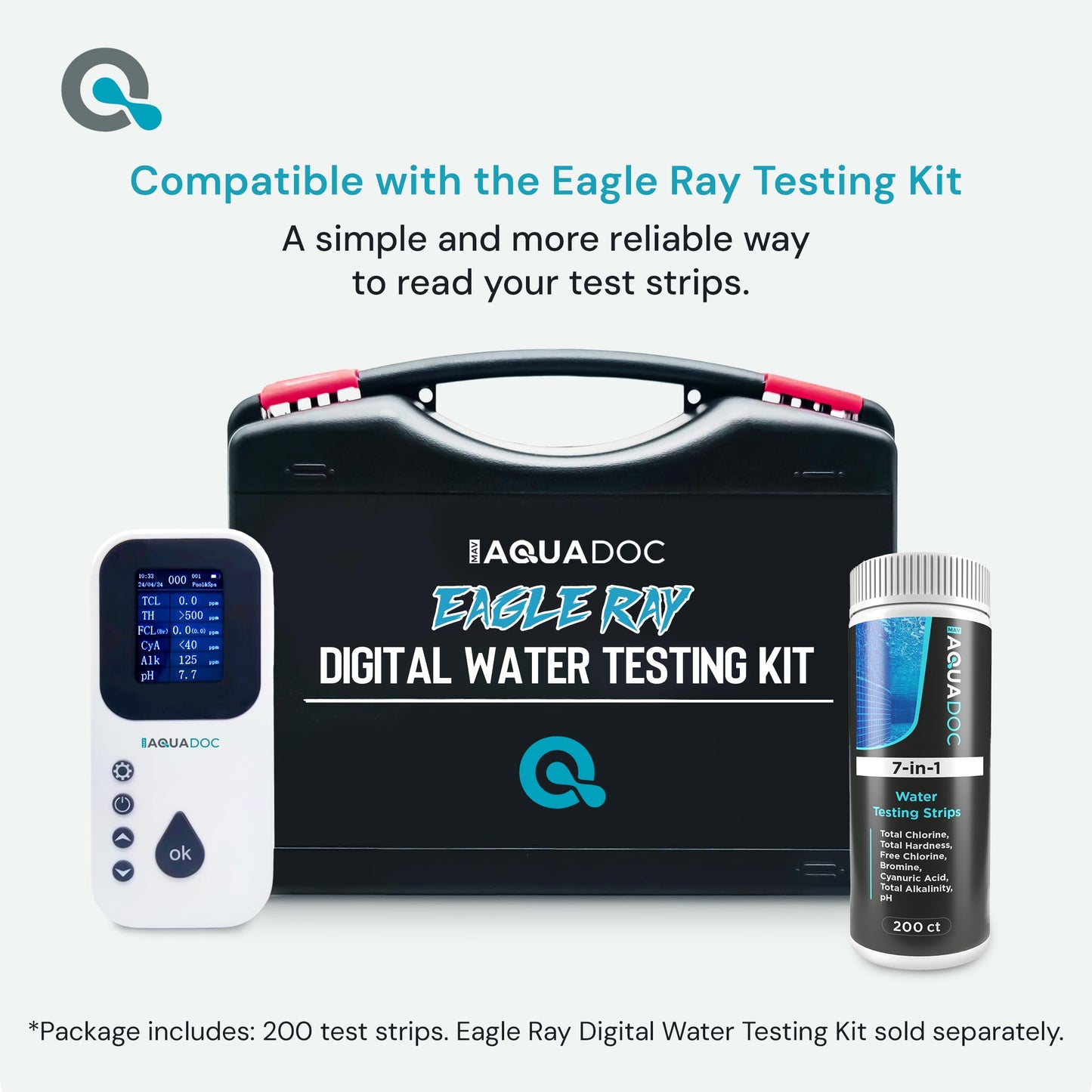 AquaDoc 7-in-1 Spa & Hot Tub Test Strips - 200 Pool Test Strips for pH, Chlorine, Hardness, Bromine, Cyanuric Acid, Alkalinity