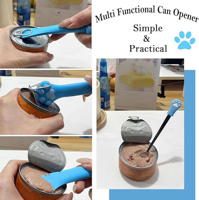 SJANE Cat Food Can Spoons & Can Lids | 4 Pcs | Colorful Multi-Function Opener | Universal Soft Silicone Pet Food Covers | Stainless Steel Wet Food Spatula for Kittens and Dogs(Blue)