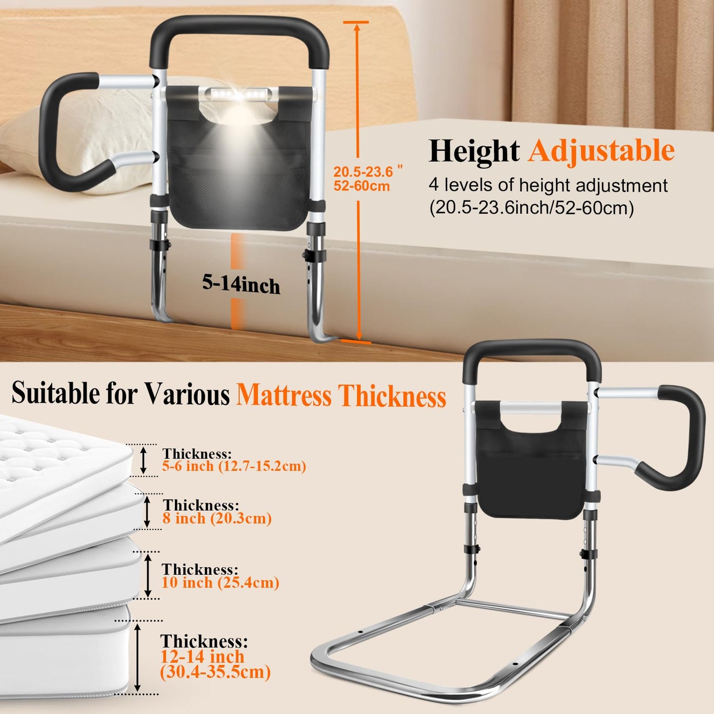 Bed Rails for Elderly Adults Safety, Adjustable Height Bed Guard Rails with Night Motion Light for Seniors, Carbon Steel Bed Assist Rails for Queen King Size Bed (Patent Pending)