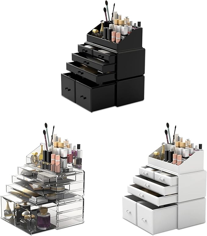 READAEER Makeup Organizer 3 Pieces Cosmetic Storage Case with 6 Drawers (Clear)