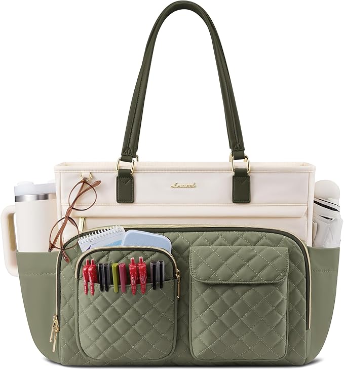 LOVEVOOK Tote Bag with Large Cup Holder, Work Tote Bags for Women, Large Capacity Teacher Tote with Multi Pockets, Nurse Diaper Bag with Padded Laptop Compartment, 15.6 Inch Light Green Beige