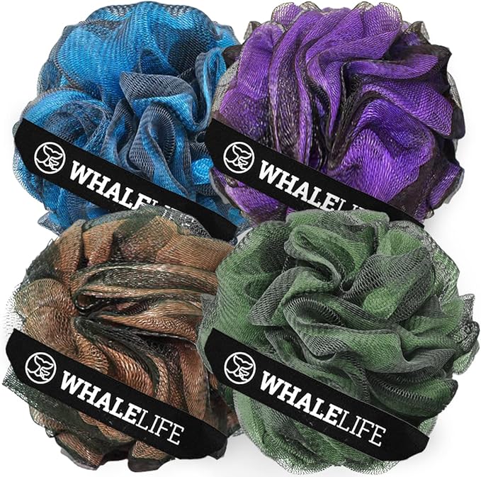 WhaleLife Loofah Bath Sponges - Gentle Exfoliating Shower Loofah for Rich Lather, Durable Matte Mesh Body Scrubber for Men & Women 4 Pack