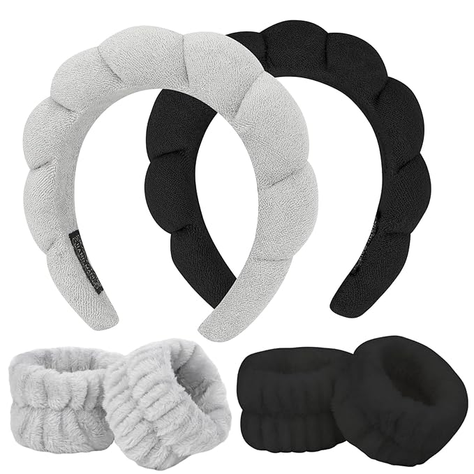 6Pcs Spa Headband and Wrist Washband Set, Skincare Makeup Headband, Sponge Face Wash Band, Terry Cloth Puffy Hair Band for Washing Face
