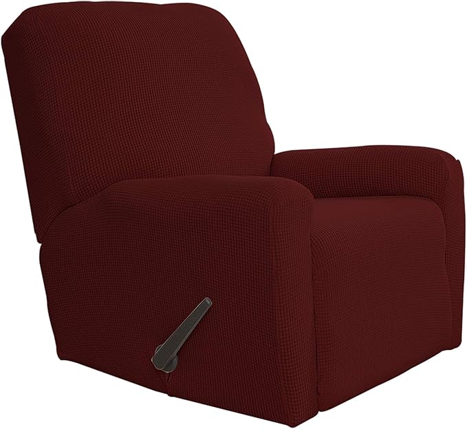 Easy-Going Recliner Stretch Sofa Slipcover Sofa Cover 4-Pieces Furniture Protector Couch Soft with Elastic Bottom Spandex Jacquard Fabric Small Checks(Recliner,Wine) Large