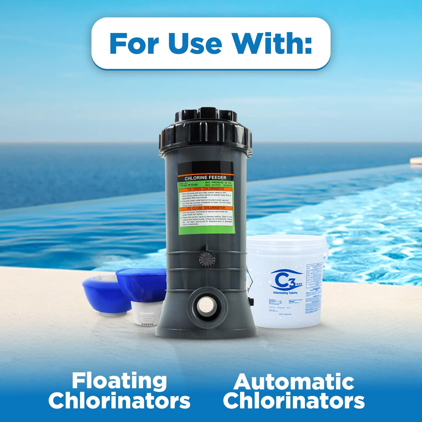 C3… 10 lbs. 3" Stabilized Chlorine Tabs for Swimming Pools | Easy to Use for Above Ground or Inground Pool | Slow Dissolving Individual Chlorinating Tablets | 10 Pound Bucket