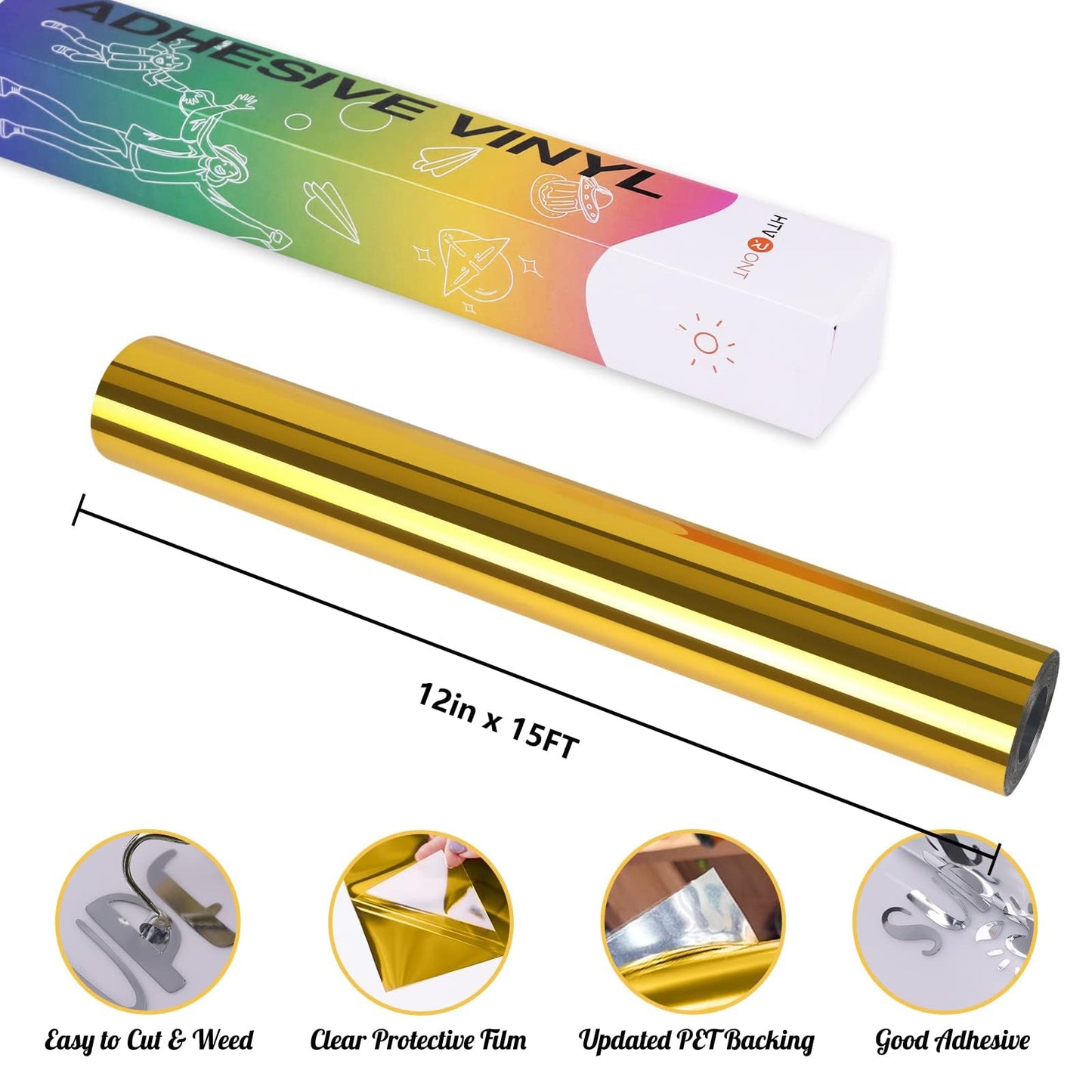 HTVRONT Gold Chrome Vinyl - 12" x 15FT Gold Permanent Adhesive Vinyl for All Cutting Machine-Gold Mirror Metallic Easy to Cut & Weed