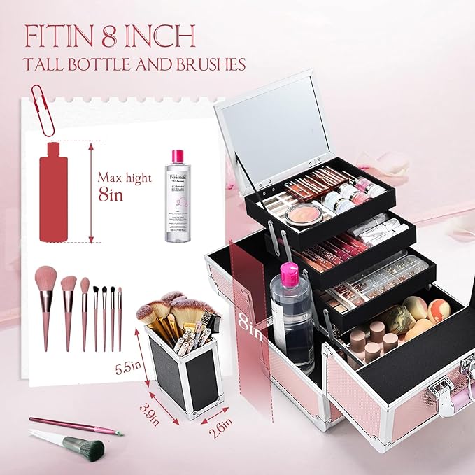 Joligrace Pink Makeup Train Case, 3-Tier Makeup Box Organizer and Portable Makeup Organizer Box, Hard Makeup Case with Mirror and Lock, Professional Makeup Case for Women, 11.8" x 9.1" x 7.1"