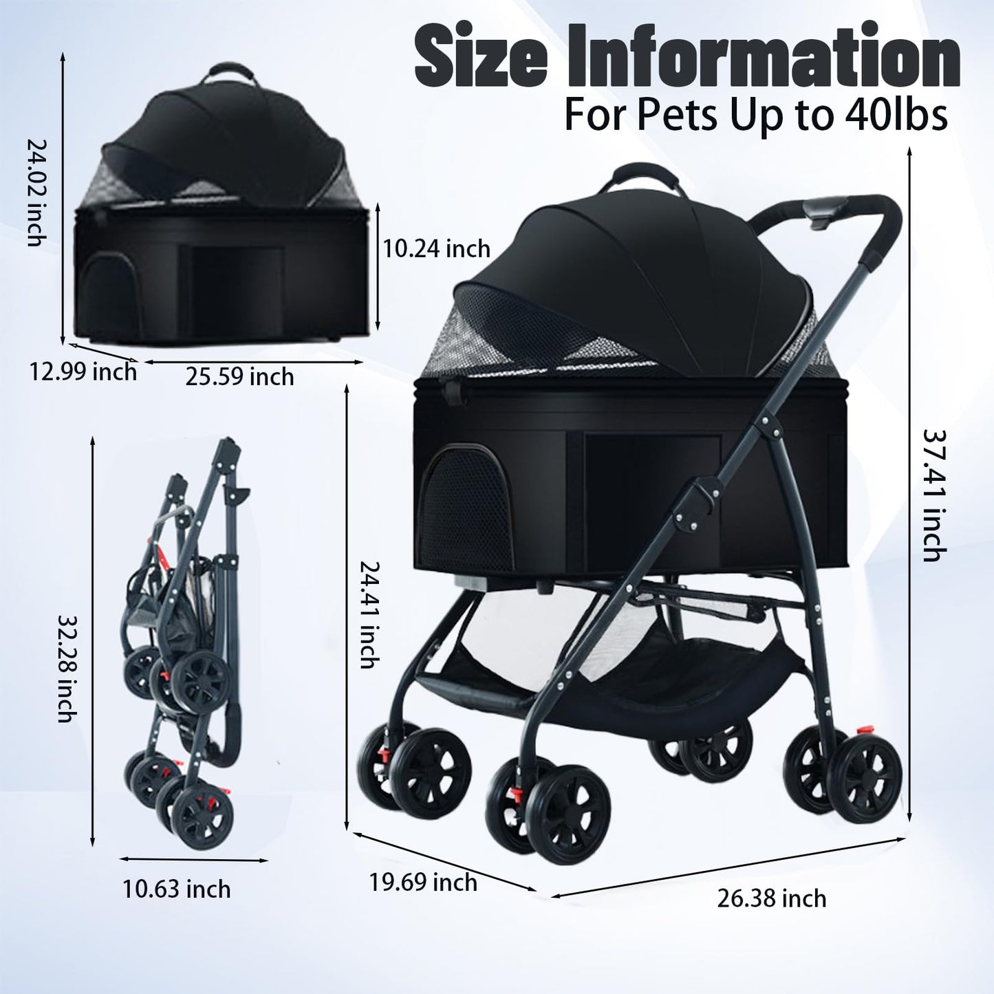 ZHUOKECE 3-in-1 Pet Dog Stroller, Dog Wagon with Removable Carrier, Cat Stroller for Medium Dogs Up to 55lbs (Black)