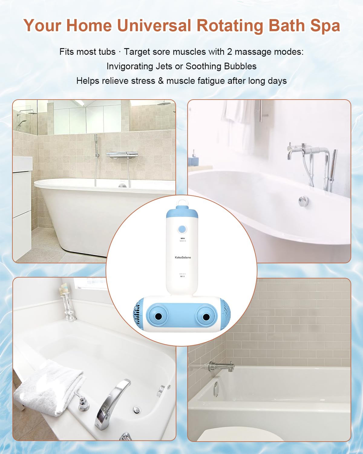 KokoSelene Bath Jets for Tub, Portable Bath Spa for Bathtub with Dual Hydro Jets, Bathtub Spa Machine Creates Soothing Bubbles for Daily Relax at Home Use (Blue)