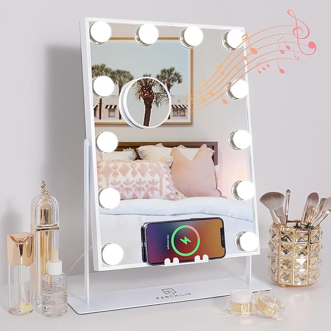 FENCHILIN Lighted Makeup Mirror Hollywood Mirror Vanity Makeup Mirror with Light Smart Touch Control 3Colors Dimmable Light Detachable 10X Magnification 360°Rotation(Ivory)