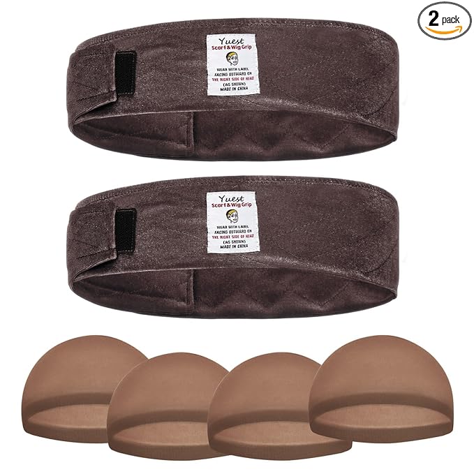2 Pack Velvet Wig Grip Band with 4 Caps, Adjustable No Slip Headband for Keeping Hair in Place, Soft Breathable Hook and Loop Strap for Beginners