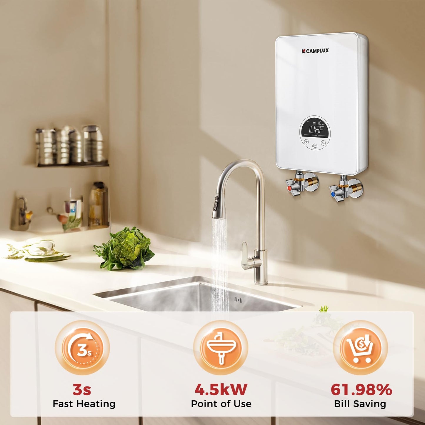CAMPLUX Tankless Water Heater Electric 120V, 4500W Point of Use Instant Hot Water Heater, Save Space for Sink Wall Mounted LED Digital Display CSA Certified