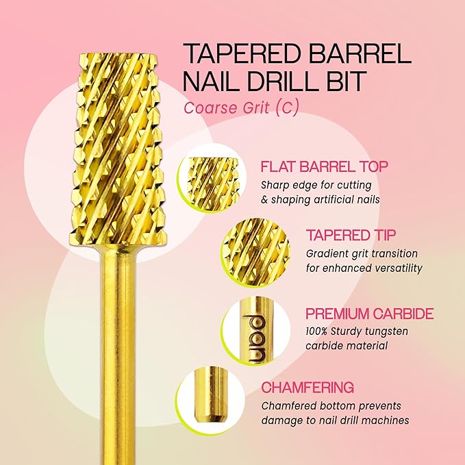 PANA Tapered Barrel Carbide 3/32" Shank Size - (Gold, Coarse Grit) - Fast remove Acrylic or Hard Gel Nail Drill Bit for Manicure Pedicure Salon Professional or Beginner