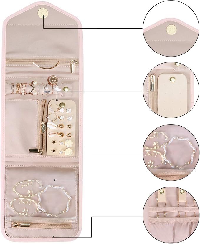 BAGSMART Travel Jewelry Organizer Case Foldable Jewelry Roll for Journey Rings, Necklaces, Earrings, Bracelets,Mini,Light Pink