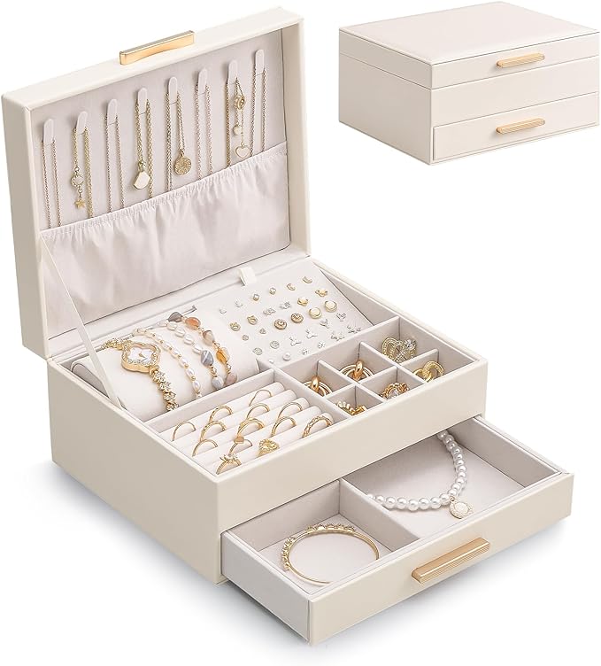 Lolalet 2-Layer Jewelry Box Organizer for Women Girls, Jewelry Storage Case Holder with Drawers for Necklaces Ring Earrings Bracelet Watch, Gifts for Galentines Valentines Girlfriend Wife -Beige