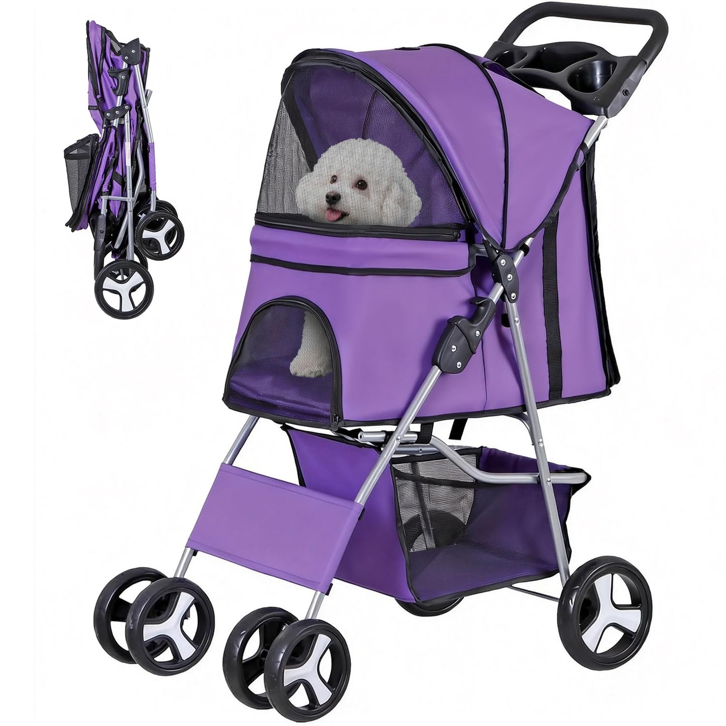 ZENY Foldable Pet Stroller, Cat/Dog Stroller with 4 Wheel, Pet Travel Carrier Strolling Cart with Storage Basket, Cup Holder (Purple)