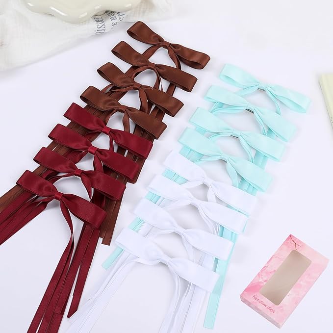Hair Bows Clips Coquette Ribbon Bowknot with Long Tail Princess Hair Bows French Barrettes Hair Accessories for Women Girls 16PCS (Wine Red, White, Aquamarine, Brown)