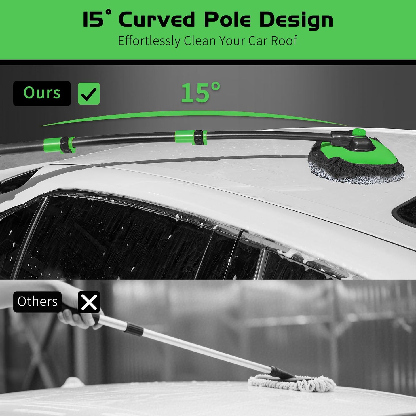 Ordenado 15°Curved Car Wash Brush with Long Handle, 43" Car Cleaning Brush with Extension Pole, Microfiber RV Wash Mop Scratch-Free, Exterior Washer Mop for Washing Roof Truck Camper SUV Caravan Green