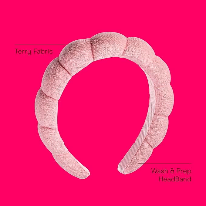 Conair Spa Makeup and Face Washing Headband, Pink Bubble Design, 1 Count, Ultra-Absorbent Microfiber Headband for Washing Face, Soft Terry Cloth, No-Squeeze, No-Pull Band Gentle on Hair and Head