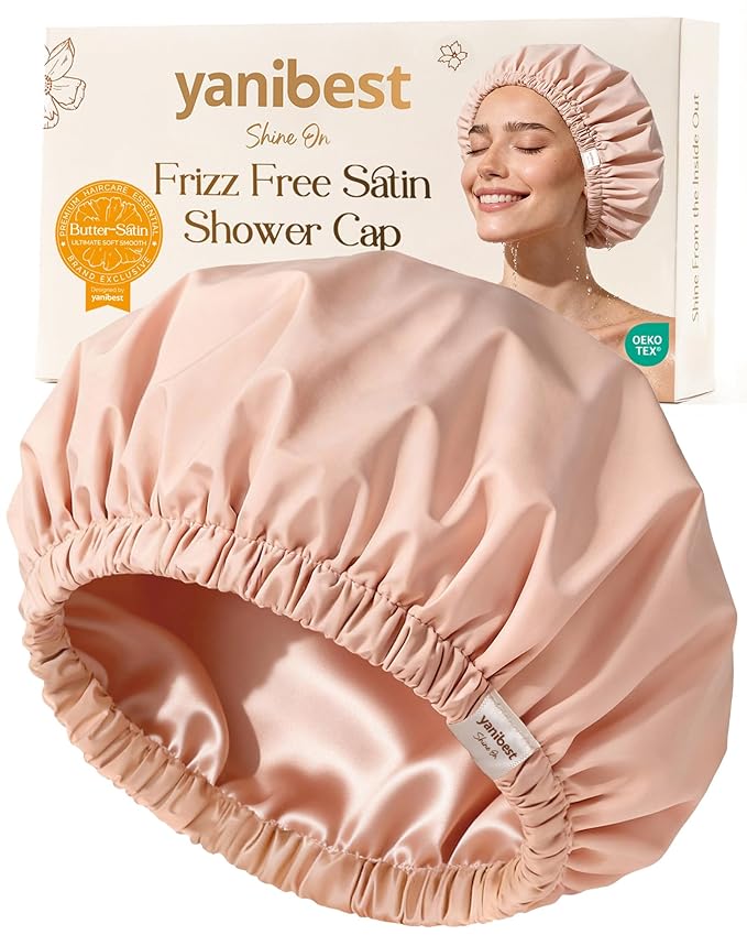 Yanibest Satin Lined Shower Cap for Women Reusable Waterproof, Frizz Free & Large Bath Cap with Soft Elastic Band, Luxury Hair Protection Caps (Peachy Pink)