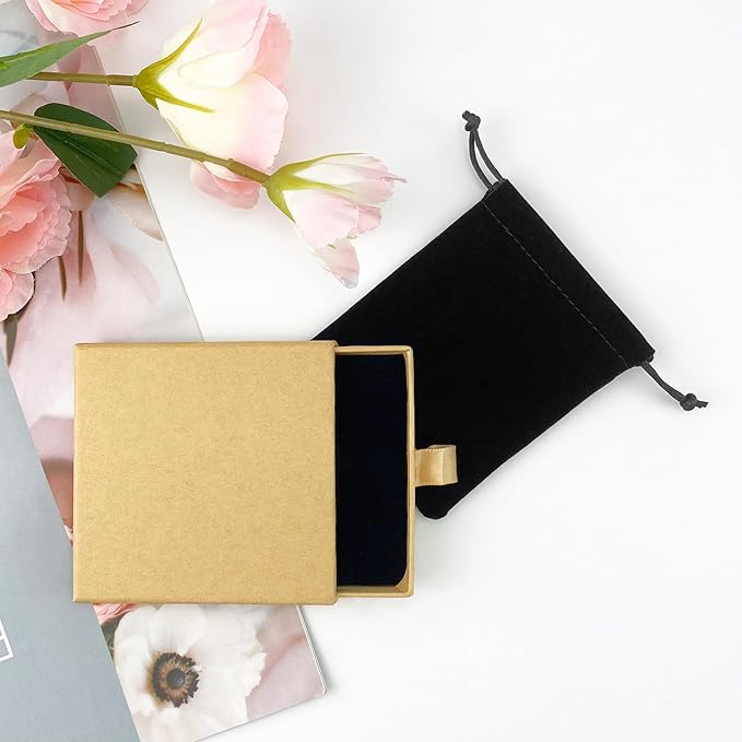 Small Jewelry Gift Box and Velvet Bag, Necklace Bracelet Earring Cardboard Organizer Square Jewellery Gift Box Pendent Storage Case for Birthday Xmas Christmas Wrapping (Light Brown)