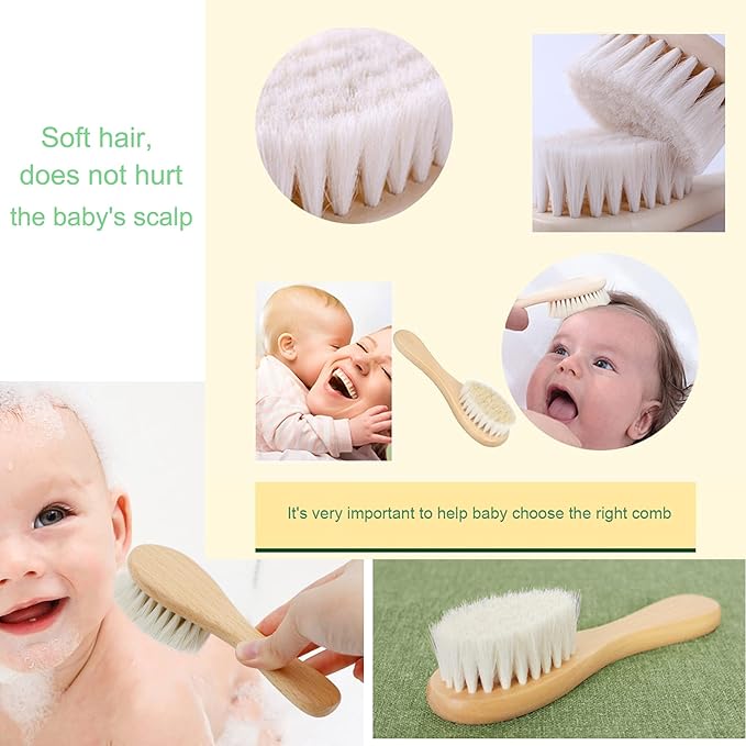 Baby Hair Brush, Goat Bristles Brush and Rose Red Baby Silicone Brush Set for Cradle Cap Wood Bristle Brush for Newborns and Toddlers (2 Piece)