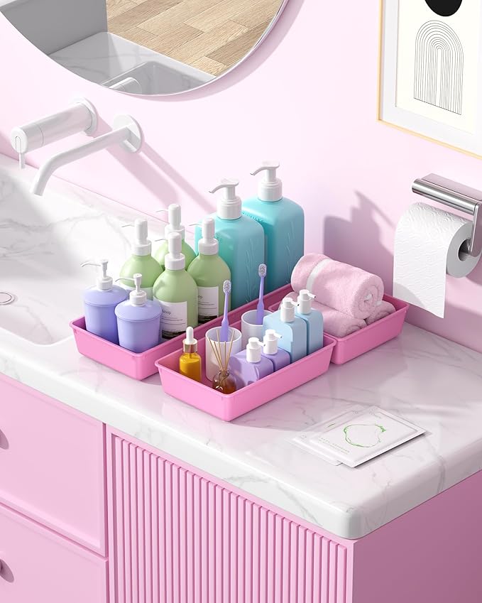 10 Pack Large Size Plastic Drawer Organizers Set, 3 Sizes Desk Drawer Organizer Trays, Storage Bins for Vanity, Makeup, Bathroom, Kitchen Utensils and Office (Pink)