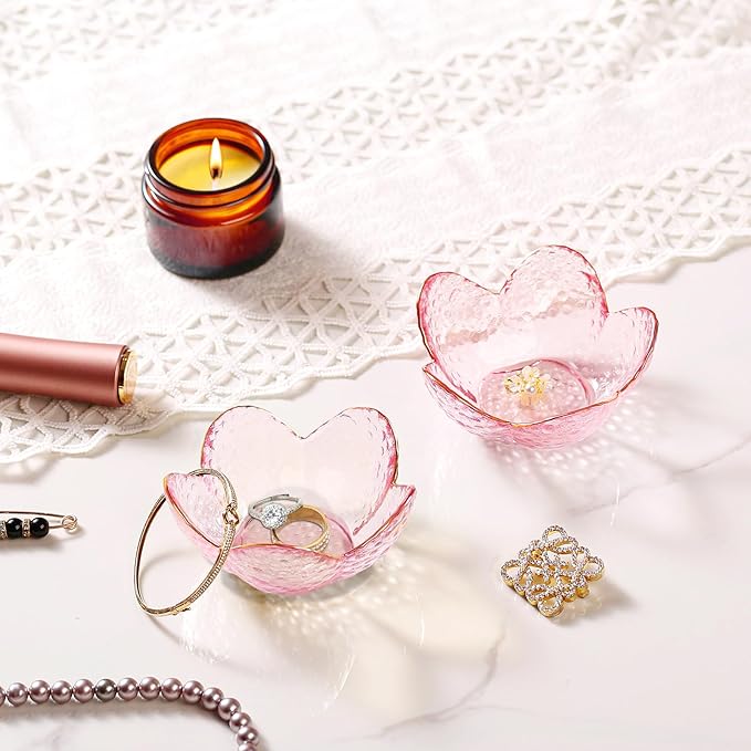 Gifts for Women Trinket Dish Flower Jewelry Dish Pink Glass Ring Holder Jewellery Tray Cute Room Decor Aesthetic Bedroom Accessories Unique Birthday New Home Christmas Gifts for Women Friends (2 pcs)