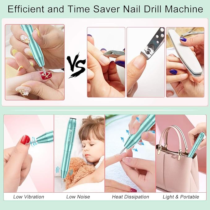 Electric Nail Drill,USB Electric Nail Drill Machine for Acrylic Nail Kit,Portable Electric Nail File Polishing Tool Manicure Pedicure Kit Efile Nail Supplies for Home Salon,Green