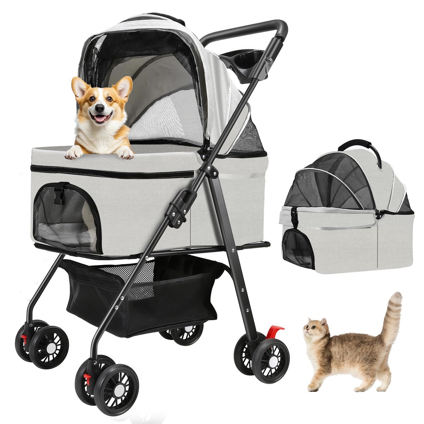 AODI Pet Stroller for Small Dogs and Cats with 4 Wheels, 3 in 1 Foldable Dog Stroller with Detachable Carrier, Breathable Mesh, Storage Basket & Cup Holder, Up to 33 lbs