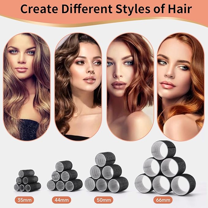 50Piece Hair Rollers set,Self Grip Hair Curlers for Long Medium Short Hair (6 Jumbo + 6 Large + 6 Medium + 6 Small + 1 Storage Bag) and 24Pcs Hair Clips /4-sizes 60 45 36 25mm
