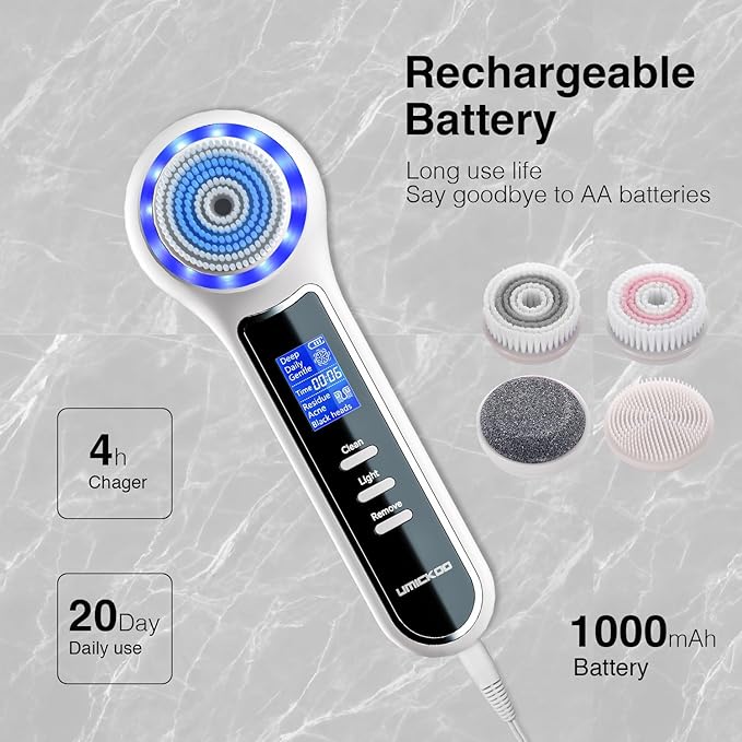 UMICKOO 3 in 1 Facial Cleansing Brush & Blackhead Remover, Rechargeable Face Scrubber with LCD Screen, IPX7 Waterproof, Deep Pore Cleaning, Exfoliating & Massaging for All Skin Types