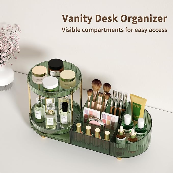 360 Rotating Makeup Organizer for Vanity, 2 Small Trays & 5 Compartments for Cosmetics, Skincare, Perfume, Lipstick & Make up Brush Holder, Bathroom Countertop Organizers and Storage for Dresser, Desk