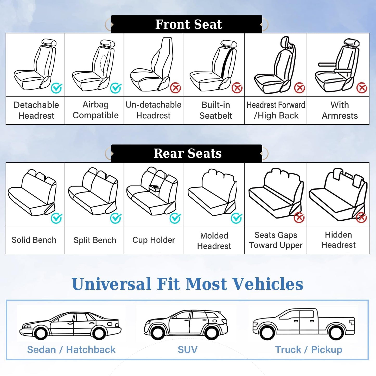Coverado Universal Seat Covers Full Set, 5 Seats Universal Seat Covers for Cars, Waterproof NAPPA Leather Car Seat Covers with Head Pillow, Seat Protectors Fit for Most Sedans SUV Pick-up Truck, Beige