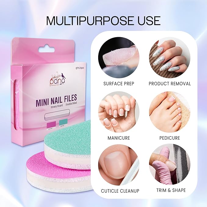 25PCS Mini Size PANA Professional Double Sided Nail Files - Pink&Teal, 180/180 Grit - Emery Board Nail Buffering File Manicure Pedicure Nail Polisher Washable