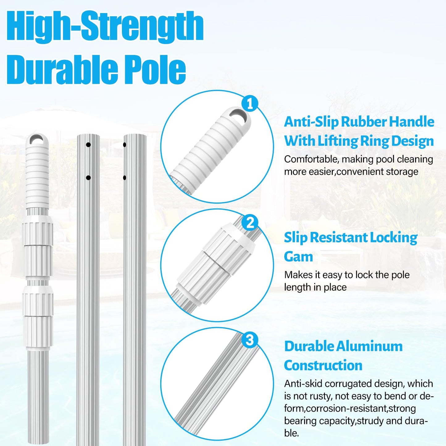 YEECHUN Professional 16.5 Foot Swimming Pool Pole Telescopic Heavy Duty Aluminum, Adjustable Length 6.5 to 16.5 Feet, Universal Pole for Skimmer Net Rake, Hooks, Vacuum Heads and Brushes