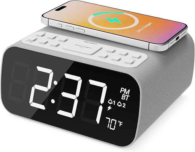 Majority Bluetooth Alarm Clocks with Wireless Charging | Bedside Clock for Bedroom with 10W Power FM Radio | Large Screen Display, Loud Alarm for Heavy Sleepers, and Display Backlit Dimmable Darwin