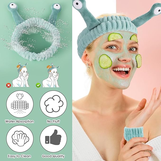 Spa Headband Face Wash Wristband Set Makeup Head Band Snail Coral Fleece Hair Band Skincare Hairband Elastic Creative Cartoon Head Wraps Cute Hair Accessories for Women Girls (Green)