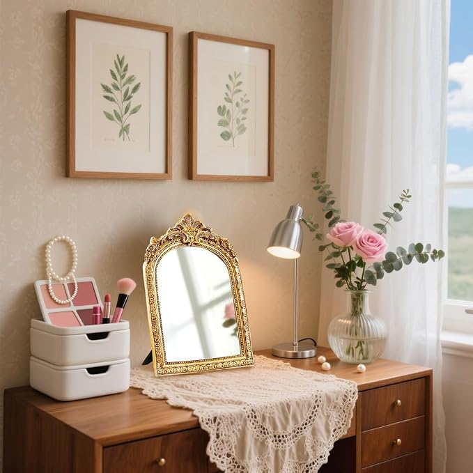 YUSONG Vintage Makeup Mirror for Tabletop - 8" Antique Gold Arched Desk Mirrors with Resin Frame Vanity Table Mirror for Bedroom Living Room Retro Decor