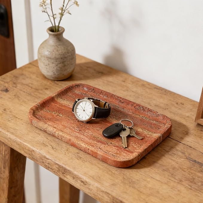 Koville Red Travertine Tray, 12"x8" Natural Stone Vanity Tray for Countertop Bathroom Kitchen Dresser, Decorative Marble Catchall Trays for Perfume Jewelry, Rectangular Serving Tray
