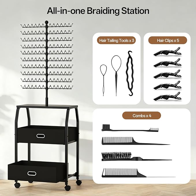 XINTUO Portable Braiding Hair Rack with Wheels & Storage Drawers,280 Pegs Hair Extension Holder Hanger for Braiding Hair Separator Stand Display,Hair Rack with Stylist Hair braiding Tools(Black)