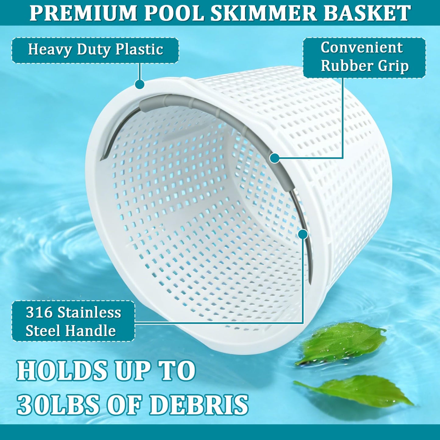 SAQXK 8" Pool Skimmer Basket for Inground Pool, Replacement for Waterway 542-3240/542-3240B Compatible with Bermuda Gunite Pentair U-3 Skimmer Basket 516112 Pool Basket with Stainless Steel Handle