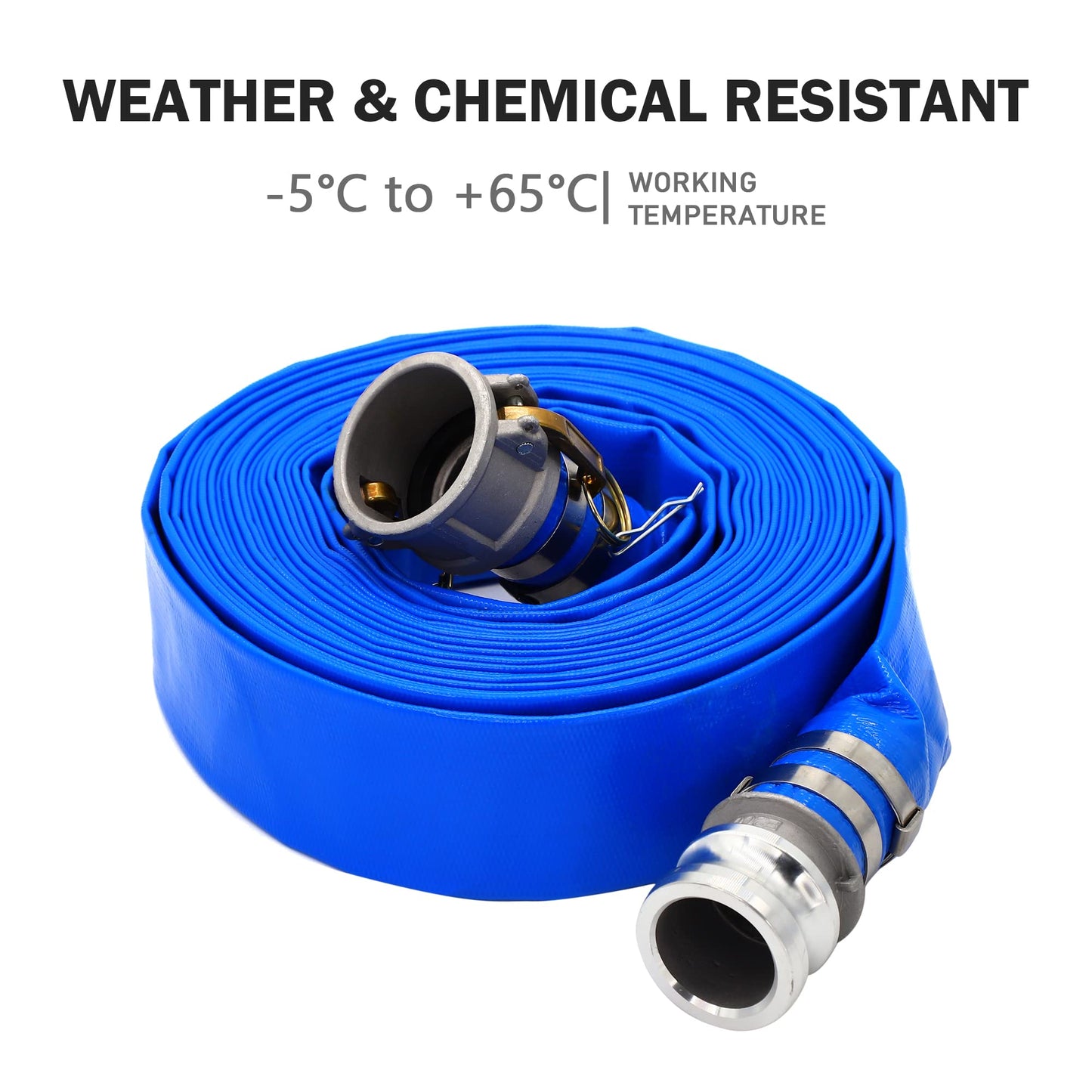 DAVCO 2" ID × 25 ft Pool Backwash Hose, Heavy Duty Reinforced Blue PVC Lay Flat Water Discharge Pump Hoses For Swimming Drain Pools and Clean Filters, with Aluminum Camlock C and E Fittings