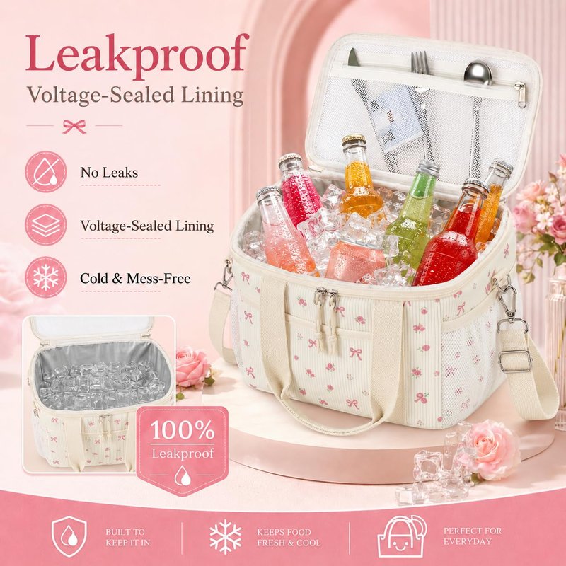 BTOOP Insulated Lunch Box for Women, Cute Leakproof Lunch Tote, Large Capacity Aesthetic Lunch Bag Girls with Shoulder Strap for Work, School, Picnic Pink Bow Floral