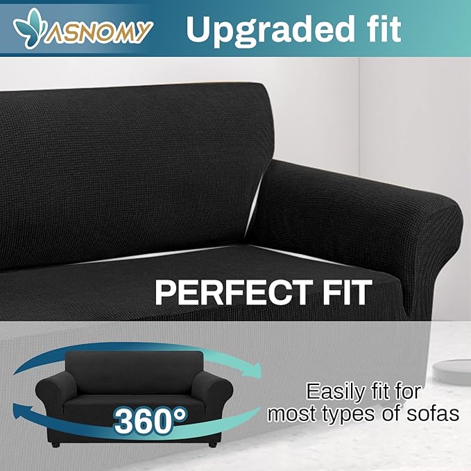 Asnomy Sofa Covers for 2 Cushion Couch Stretch loveseat Cover Slipcovers, Pet Protector Furniture Covers for Dogs Cats Spandex Jacquard Fabric Small Checks（Medium， Black）